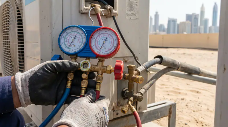 Technician checking manifold gauges during AC gas pressure charging