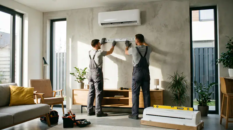 HVAC engineers checking refrigerant line pressures after split AC installation