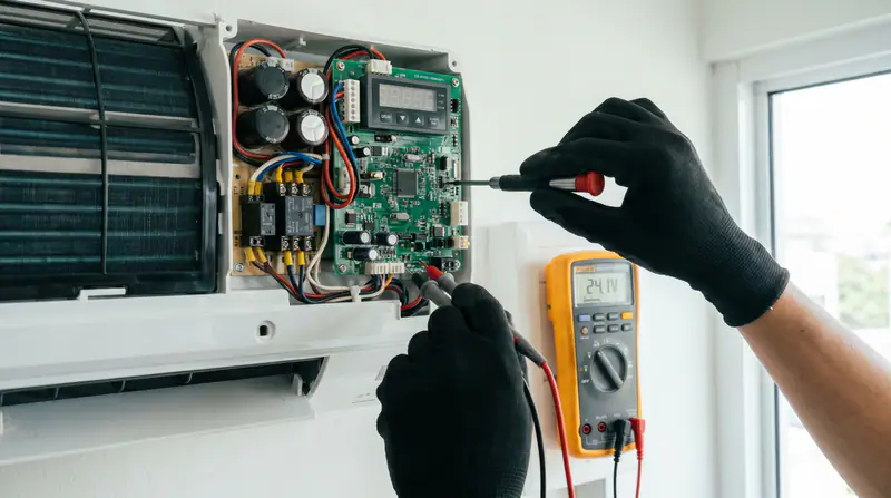 HVAC technician testing AC compressor electrical terminals with a digital meter