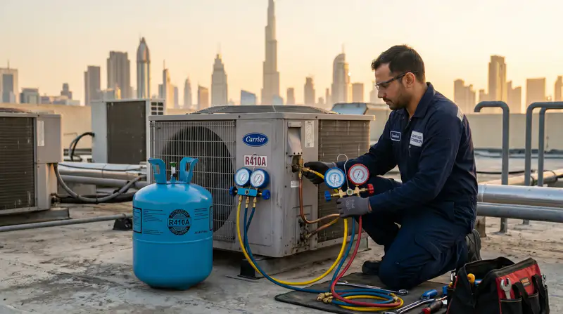 AC gas refill and refrigerant pressure check service in Dubai