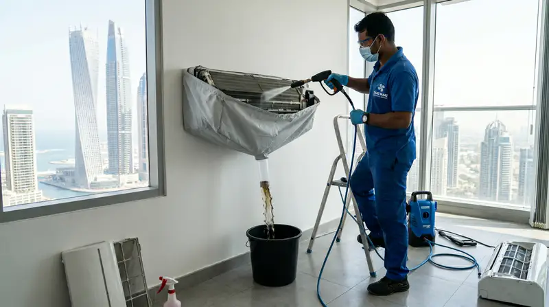 HVAC technician performing deep chemical wash on AC evaporator coil in Dubai
