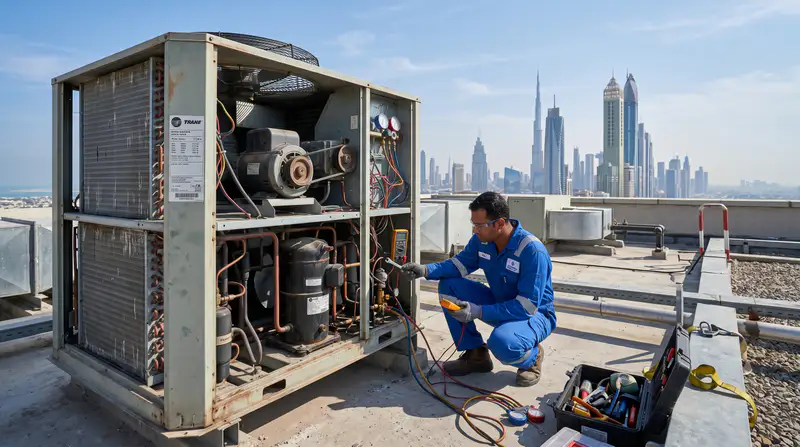 Technician inspecting ductwork and repairing a concealed central ducted AC unit in a Dubai villa