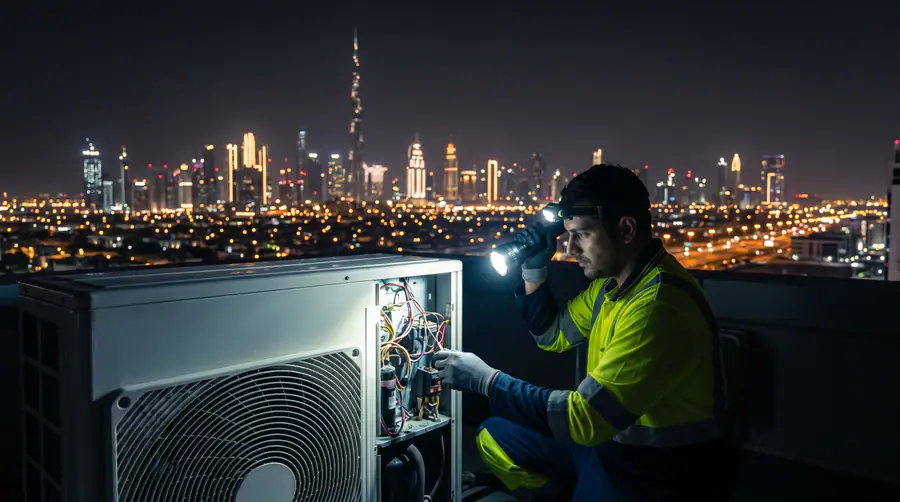 Emergency HVAC technician testing electrical controls inside AC compressor unit