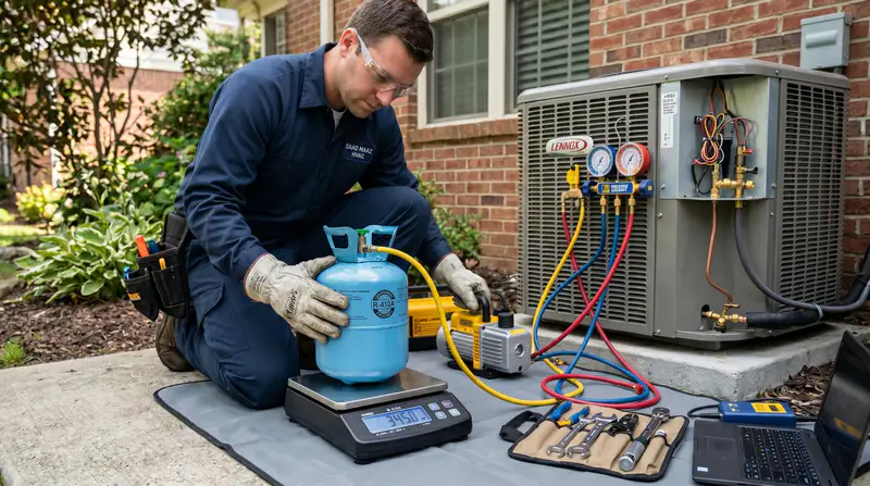 HVAC technician refilling refrigerant gas into split AC outdoor unit compressor