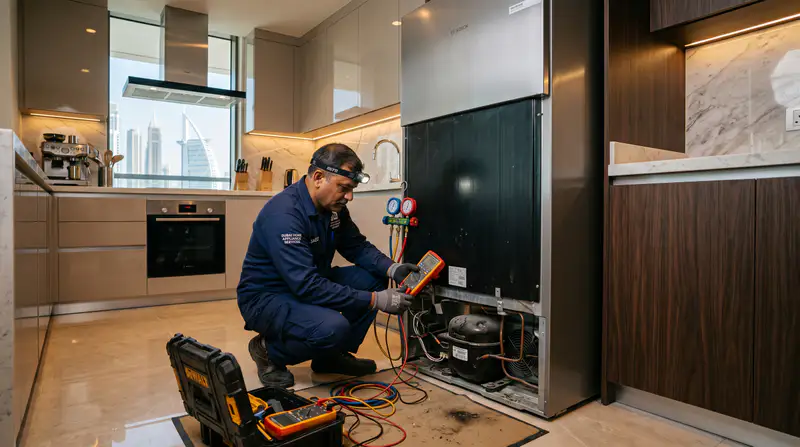 SAAD MAAZ certified technician performing refrigerator repair in Dubai home