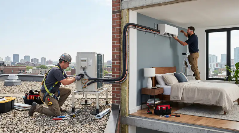 Certified HVAC technicians installing split AC indoor unit on wall in Dubai