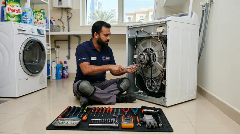 Washing machine repair technician servicing the drum motor and carbon brushes in Dubai home